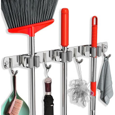 FODARSAI Mopp- und Besenhalter, Wandhalterung, verbesserter Besenaufhänger, Edelstahl, Besen-Organizer für Schrank, Garage, Waschküche, Küchenwanddekoration (3 Ablagen, 4 Haken, Silber)