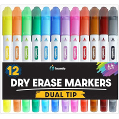 Whiteboard Markers for Whiteboard Markers with Dual Tip, Medium and Fine Tip, Ultra Fine Tip, Dry Erasable, Ideal for Home, School or Office, Low Odor, 12 Assorted