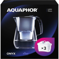 AQUAPHOR Onyx Water Filter Jug 4.2 L, for Reducing Limescale, Chlorine and Other Impurities, Includes 3 x Maxfor+ Filter Cartridges - Premium Water Filter Jug in Glass Look - Black