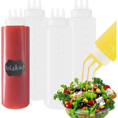 YBCPACK Squeeze Bottle 32 oz, Pack of 4 Ketchup Bottle with 3 Nozzles, Squeeze Bottle, Leak-Proof, with Measuring Scale
