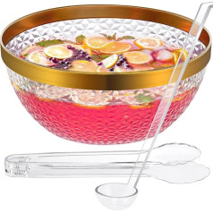 NiHome Transparent punch container with gold rim 10.2 L, punch container - includes ladle and tongs, ideal for salads, snacks and drinks, perfect for parties, weddings and BBQs
