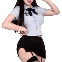 SNOMYRS Japanese Schoolgirl Uniform Anime Role Play Cop Police Sailor Cosplay Lingerie Outfit Top Skirt Costumes, blue