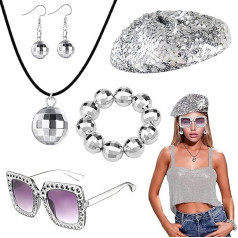 DVSWDMA 5 Pieces 1970s Disco Ball Mirror Ball Jewellery Set Party Earrings Necklace, Metallic Disco Ball White Necklace Bracelet Women's Glitter Beret Hat Sequins Diamond Sunglasses