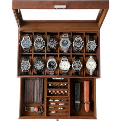 KILHS Watch Box for 12 Watches, Watch Storage with Glass Lid, 2-Tier Watch Box with 1 Drawer, with Key Lock, for Rings and Earrings, Suitable as a Gift, Brown