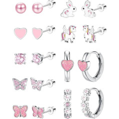 CASSIECA 10 Pairs Cute Earrings Girls Women Surgical Steel Children's Earrings Girls Heart Flower Butterfly CZ Stud Earrings Set for Children Hypoallergenic Screw Back Piercing Earrings