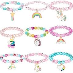 Pack of 9 x Girls’ Bracelets with Colourful Rainbow Unicorn Beads / Suitable for Birthday Parties / Thank You Gifts