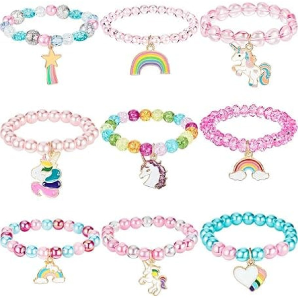 Pack of 9 x Girls’ Bracelets with Colourful Rainbow Unicorn Beads / Suitable for Birthday Parties / Thank You Gifts