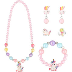 Jormftte Children's Jewellery Set, 6 Pieces Girls Pearl Necklace Set, Unicorn, Includes Necklace, Rings, Bracelets, Earring, Unicorn for Party Dress Up Gift, Christmas Gifts, Resin
