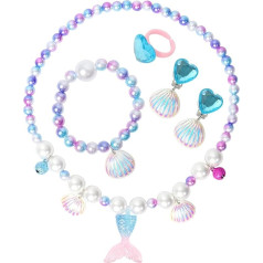 Pack of 5 Mermaid Jewellery for Girls, Mermaid Children's Jewellery with Necklace, Rings, Bracelets, Earrings, Bracelets, Mermaid Princess Jewellery for Girls, Party Dress Up, Birthday Gift