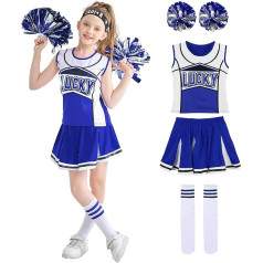 LOLANTA Girls Blue & Red Cheerleading Costume with Pompoms & Socks, Halloween Party Cheers Costume for 5-13 Years