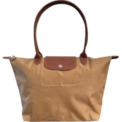 Designer Style Genuine Leather Trim Foldable Nylon Lightweight Zip Up Tote Bag with 2 Internal Flat Pockets