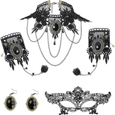 Gothic Jewellery Set, 4 Pieces Steampunk Accessories, Steampunk Necklace + Steampunk Bracelets + Steampunk Earrings + Lace Eye Mask, Steampunk Costume Women, for Halloween, Easter, Carnival Costume