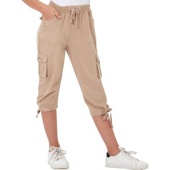 JINSHI Pants Girls Summer Cargo Pants 3/4 Long Capri Casual Trousers with Multiple Pockets for Kids 6-17 Years