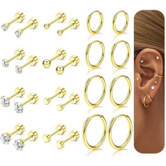 Diamday 12 Pairs Stainless Steel Earrings Set for Multiple Piercing Hoop Earrings for Women Men Small Ball CZ Flat Back Stud Earrings Tragus Cartilage Helix Tiny Small Hoop Earrings
