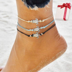 Ouceanwin Boho Turtle Anklet Women's Anklet Turtle 3 Pieces Anklet Leather Band Fashion Ankle Bracelet Beads Adjustable Charm Anklet Handmade Jewellery for Women and Girls, Textile