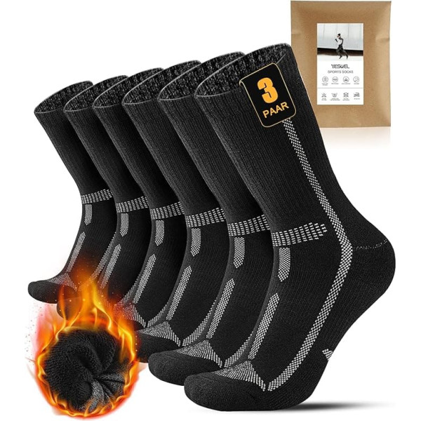 YESWEL 3 Paar Merino Wandersocken Herren & Damen, 60% Merinowolle Thermosocken, Outdoor Wintersocken Gepolstert für Trekking Sport