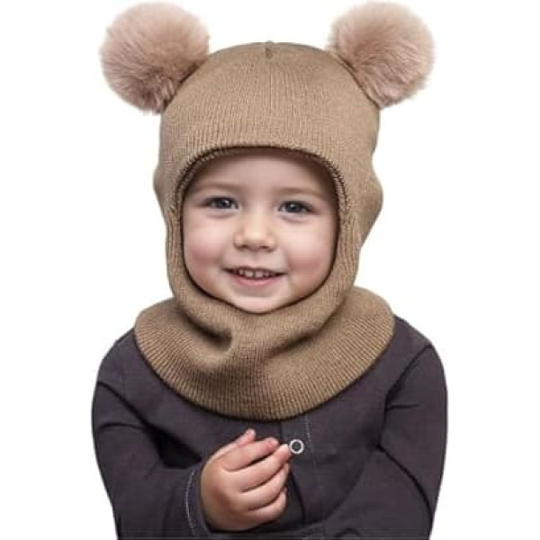 DRESHOW Children's Winter Hat Warm Scarf Slip-On Hat Knitted Hat Hood Soft Scarf Hat with Double Bobble Pom Pom Beanie Hat for Toddlers Boys Girls 1-6 Years