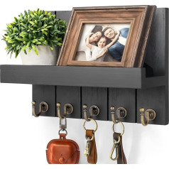 Key Holder, Key Holder with Shelf, Wooden Key Holder with 5 Key Hooks, Key Holder, Wall Key Holder, Decorative Key for Entrance, Hallway, Bedroom, Living Room, Black