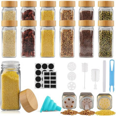 Vexillic Spice Jars (12 x 120 ml), Square Spice Jars, High-Quality Wooden Lid Made of Bamboo, Spice Shaker Glass Spice Container, Spice Jars with Shaker Insert, High-Quality Spice Organiser [10.8 cm x