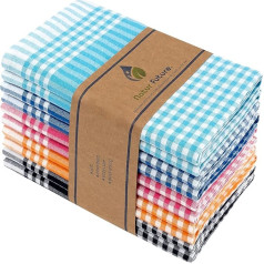 Cotton Tea Towels, Set of 10, Multicoloured, 45 x 65 cm, with Hanger, Vintage Look Chequered, Tea Towels, Kitchen Towels, Cleaning Cloths, Dry Towels