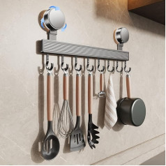 FERCOSEN Kitchen Hook Rack No Drilling with Suction Cup | 8 Hooks, 40 cm Long, 20 kg Load Capacity, 1 Minute Installation | Removable Rustproof Hook Rail for Kitchen Utensils