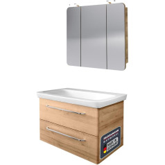 FACKELMANN Milano Bathroom Furniture Set 3 Pieces - Vanity Unit with Base Cabinet and Mirror Cabinet in Brown Wood - Sink Base Cabinet - Alibert Cabinet with LED Lighting - 90 cm Wide