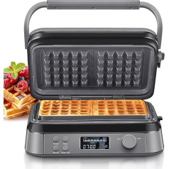 Waffle Iron 1600 W, Double Waffle Iron for Belgian Waffles, 5 Programmes, 7 Browning Levels, Control via LCD Display, Timer, Practical Overflow Groove, Stainless Steel