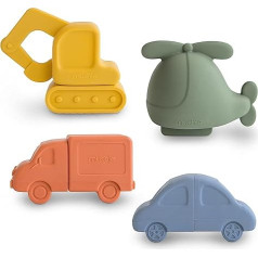 Mushie Silicone Bath Toy for Babies and Children, Pack of 4 Vehicles Bath Toy, Paddling Pool, Water Toy for Bath, Bath Fun, Helicopter, Car, Truck & Excavator