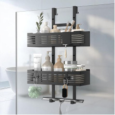Shower Shelf for Hanging, Shower Shelf No Drilling Black for Glass Shower Doors, Height-Adjustable Design with 3 Hooks for Storing Shampoo and Shower Gel in the Bathroom
