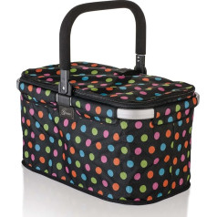 Genius Falko A14360 Premium Shopping Basket Black with Colourful Dots | Shopping Bag 22 L Large Foldable with Lid | Carry Basket with Aluminium Handle for Travel, Black / Colourful