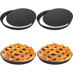 SHUESS 4 Pack 28cm Non Stick Round Quiche Tins with Loose Base Carbon Steel Fluted Cake Pan with Loose Base for Baking Quiche Cake Tart Pizza Black