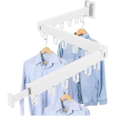 Retractable Wall Mounted Clothes Rack, Clothes Rail, Foldable Wall Mounting, Clothes Airer with Towel Holder, Folding Clothes Hook, Strong Load Capacity for Balcony, Bedroom, Three Fold (White)