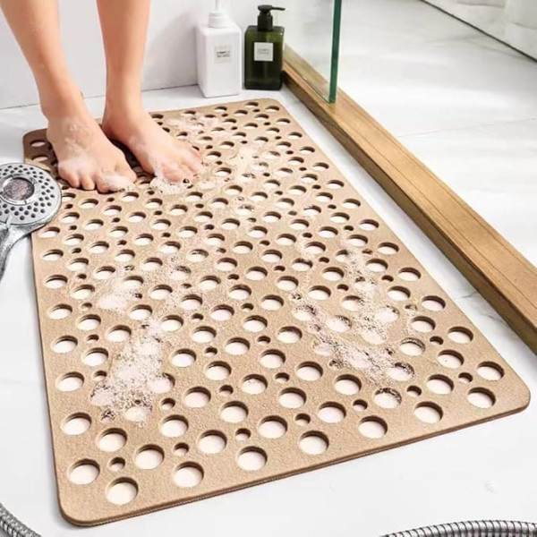 Bingobang Bath Mat Bathtub Shower Mats Non-Slip Anti Mould Extra Long Soft 75x43cm with Rubber Suction Cup Machine Washable for Bathroom Floor (Khaki)