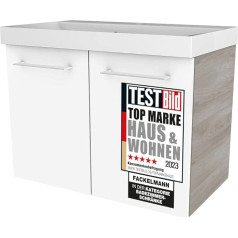 FACKELMANN Lima Bathroom Furniture Set of 2 / Cast Marble Wash Basin / Vanity Unit with 2 Doors / High-Quality Bathroom Cabinet with Soft-Close / Body: Light Brown / Front: White / Width: 60 cm