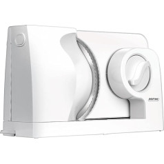 MPM MKR-05 Electric All-Purpose Slicer, Bread Slicer, Adjustable Cutting Thickness up to 15 mm, Finger Protection, Stainless Steel Cutting Disc 17 cm, 150 W, White