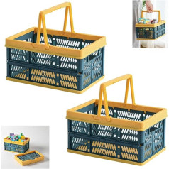 Ruucy Folding Box Plastic Set of 2, Folding Baskets with Handle, Plastic Storage Basket, Portable Shopping Basket, Carry Basket for Shelf, Home, Picnics, Supermarkets, Green, 29.8 x 20 x 15.7 cm