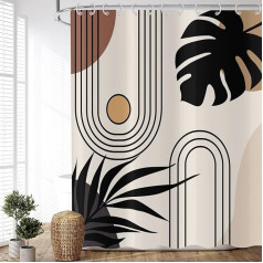 Boho Shower Curtain 180 x 200 cm, Modern Abstract Art Boho Style Black Leaves Sun Line Beige Brown Washable Shower Curtains Textile Waterproof Shower Curtain for Bath with 12 Hooks