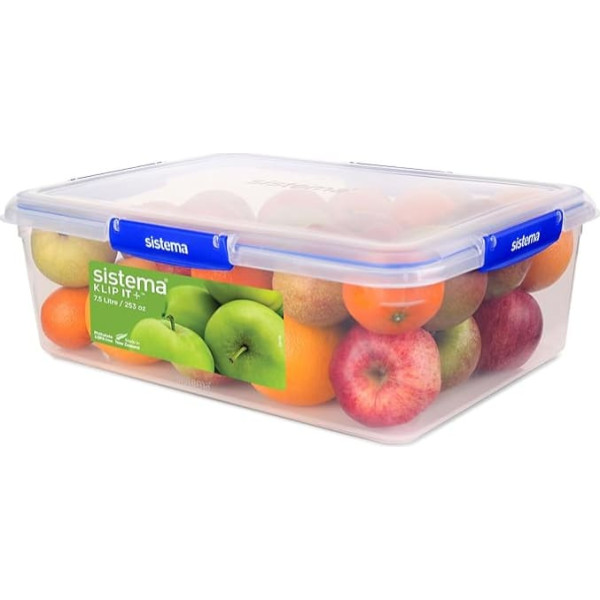 Sistema Klip It Plus Food Storage Container, 7.5 Litres Rectangular, Stackable and Airtight Storage Container with Lid, Suitable for Fridge/Freezer, BPA-Free Plastic, Blue Clips