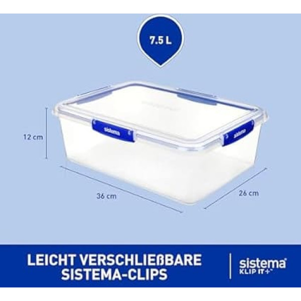 Sistema Klip It Plus Food Storage Container, 7.5 Litres Rectangular, Stackable and Airtight Storage Container with Lid, Suitable for Fridge/Freezer, BPA-Free Plastic, Blue Clips