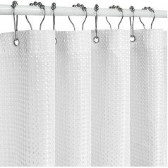 Shower Curtain for Bathroom, Waffle Shower Curtain, Machine Washable, Lightweight Fabric, Woven Bathroom Curtain, Waterproof, 180 x 180 cm, White with Stainless Steel Hooks
