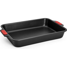 Woll Bakeware Rectangular Baking Tin, 33 x 23 cm, with Heat Resistant Silicone Handles up to 230°C, PFAS Free, Dual Layer Non-Stick Coating, Aluminised Steel, Black