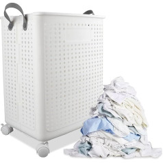 41.5 L Foldable Laundry Basket with Wheels, Dirty Laundry Basket with Handle, Large Foldable Plastic Laundry Basket with Wheels, Laundry Basket, White, Multifunctional Organiser for Hotel, Home