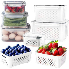 Food Storage Containers with Lid and Draining Basket, Set of 6 Vegetable Storage 0.38 L + 0.8 L + 1.7 L + 3.15 L + 4.15 L + 6.2 L, Fridge Organiser Set for Fridges, Cabinets