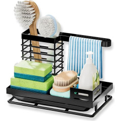 Kitchen Sink Caddy Organiser, Sink Organiser, Sink Storage Rack with Removable Brush Holder, Sponge Holder for Kitchen Sink, Tea Towel Hanger, Kitchen Utensil Holder for
