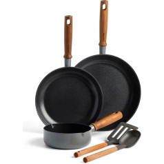 GreenPan Mayflower Pro Hard Anodised Ceramic Non-Stick Coating, 5-Piece Cookware Pot and Pan Set, Vintage Wooden Handle, PFAS-Free, Induction Safe, Charcoal Grey