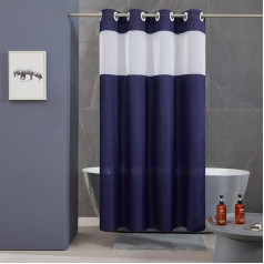 Furlinic Hookless Shower Curtain with Gauze Window Anti-Mould Waterproof Washable Textile for Bathroom Bathtub 180 x 210 cm Dark Blue with Large Eyelets