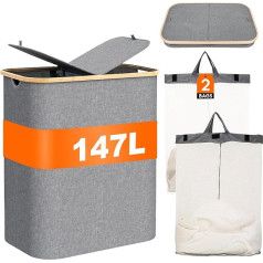 ZYNERY Laundry Basket 150 L with 2 Lids and 2 Compartments, Double Laundry Storage with 2 Removable Laundry Bags, Baskets for Bedroom, Laundry Room, Light Grey