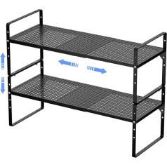 ARCCI Expandable Kitchen Cabinet Shelf Organiser, 2 Pack Stackable Metal Pantry Shelf, Adjustable Counter Shelf for Cabinets, Countertop, Closet Organizer and Storage, Black