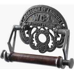 Traditional WC1 Borough of London WC1 Cast Iron - Vintage Design - Victorian Wall Mounted Toilet Roll Holder - Paper / Tissue Holder with Hardwood Loop