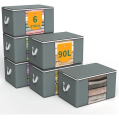 Pack of 6 90 L Storage Bags, Storage Boxes with Lid, Cabinet Organiser with Robust Handles, Foldable Underbed Cabinet for Clothes, Blankets, Bedding and Toys, Grey